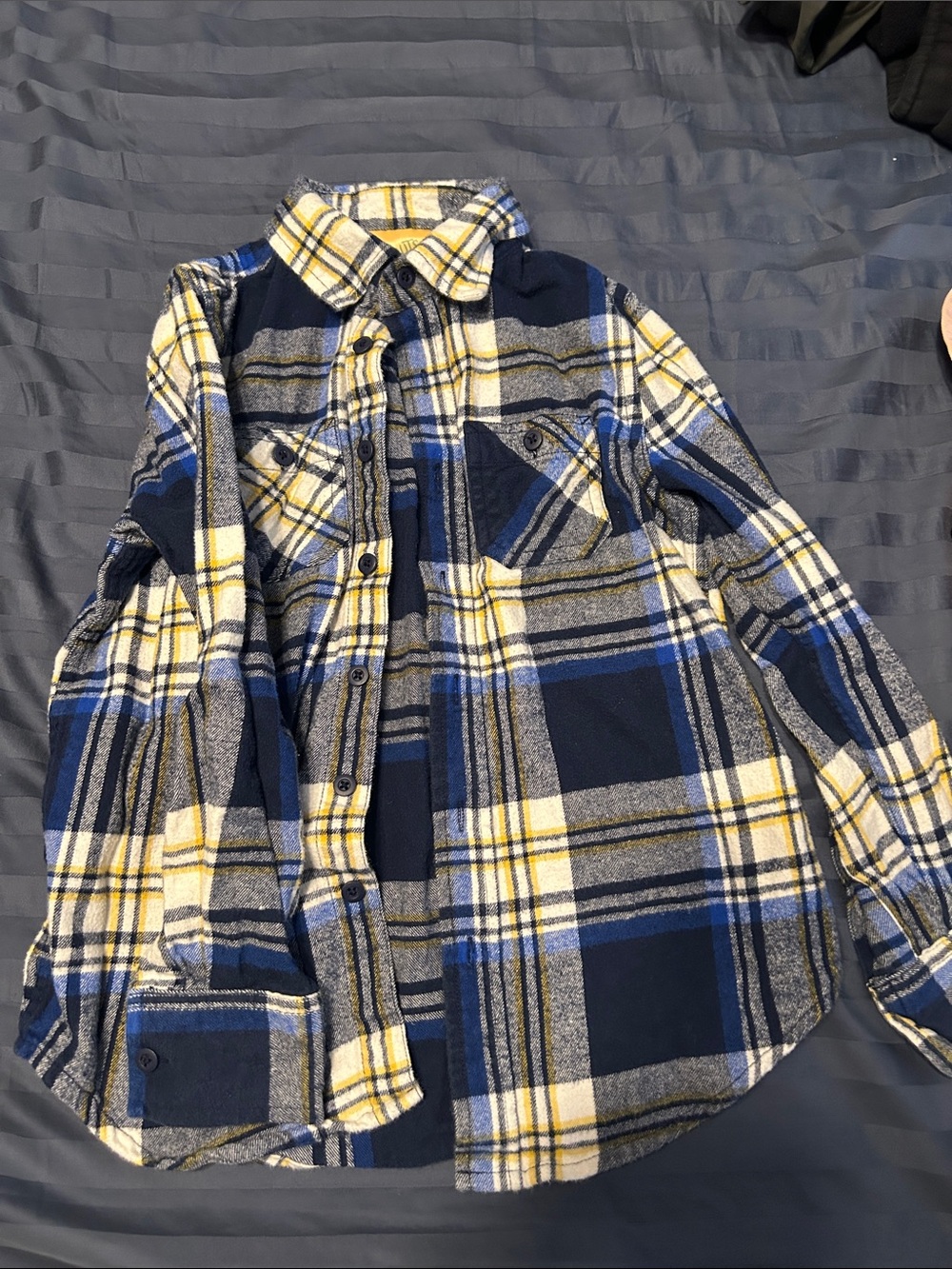 Boys Navy and Yellow Plaid Button-Down Shirt